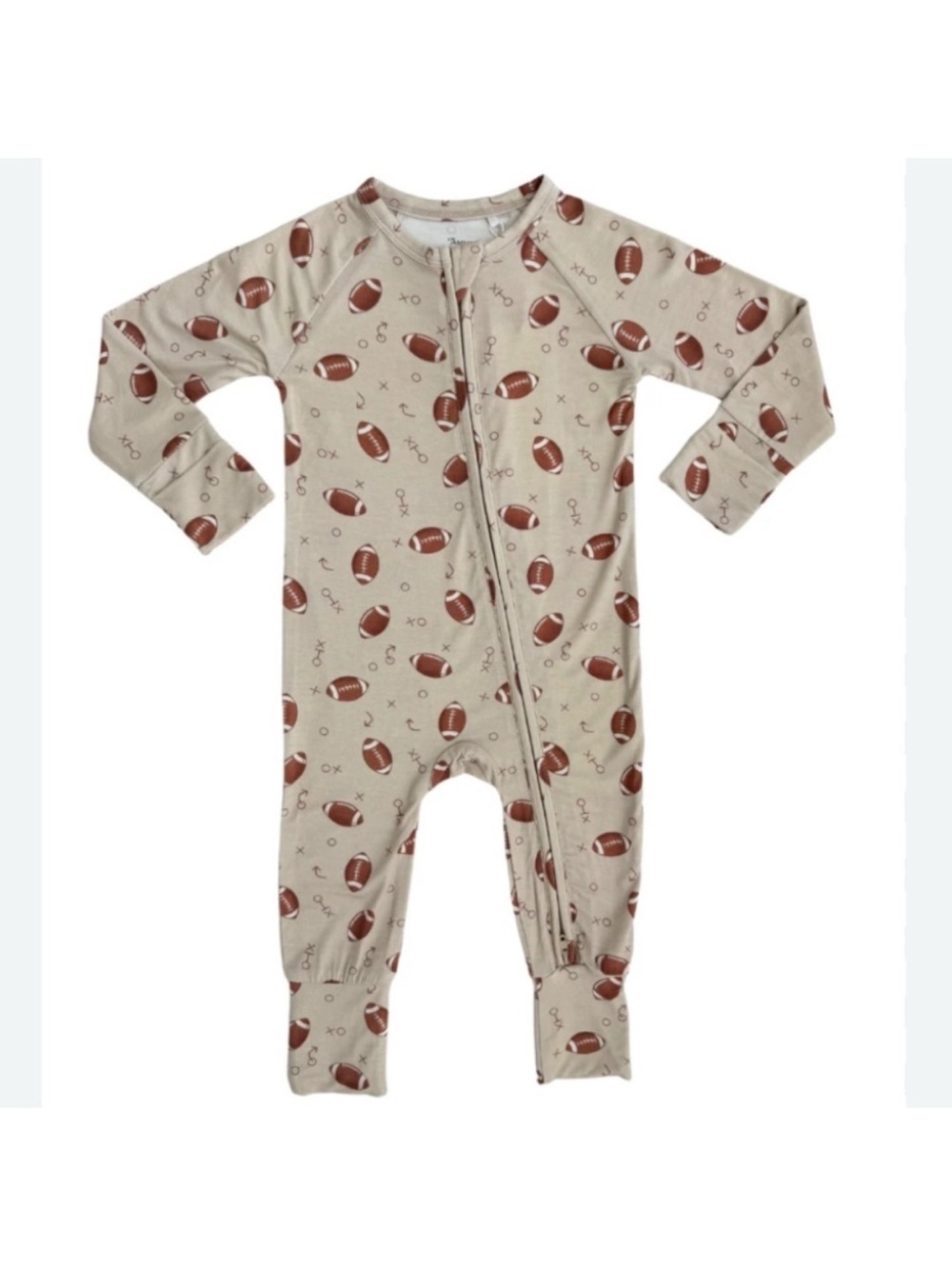 In My Jammers Zipper Romper Boys 6-9M Tan Footballs Bamboo Sleeper Pajamas PJs